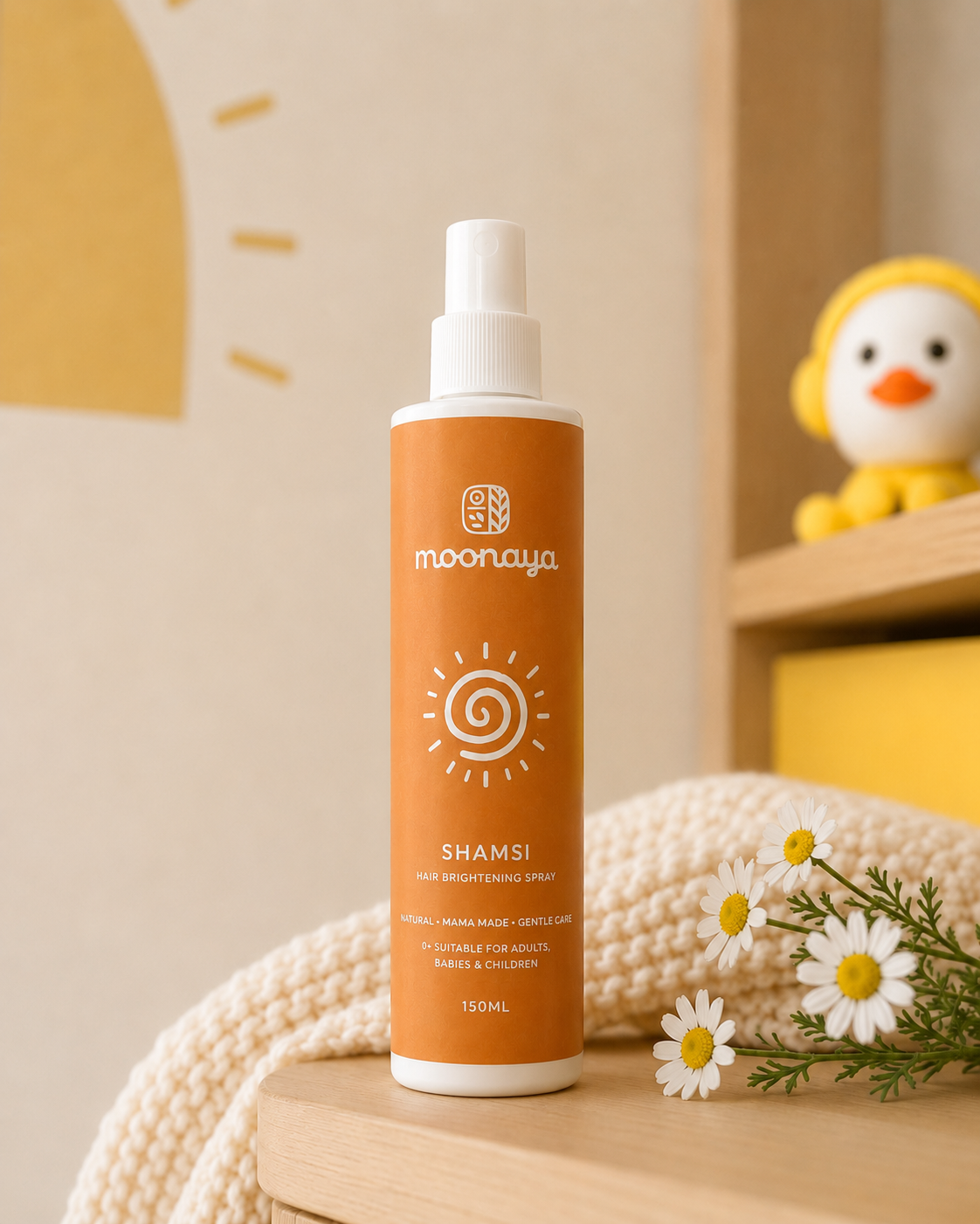 Shamsi Hair Brightening Spray Full Shot with Nursery Background